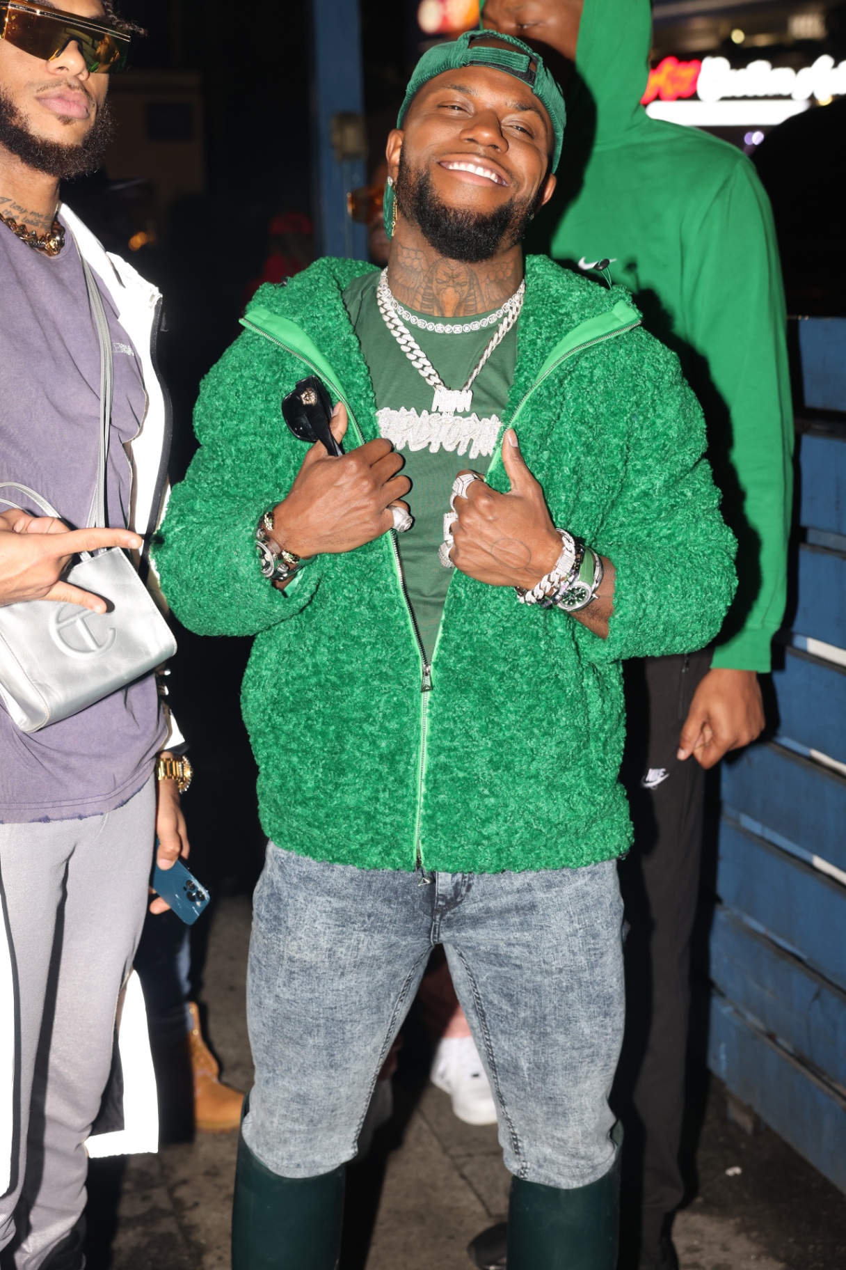 Nightlife portrait in a green fur jacket